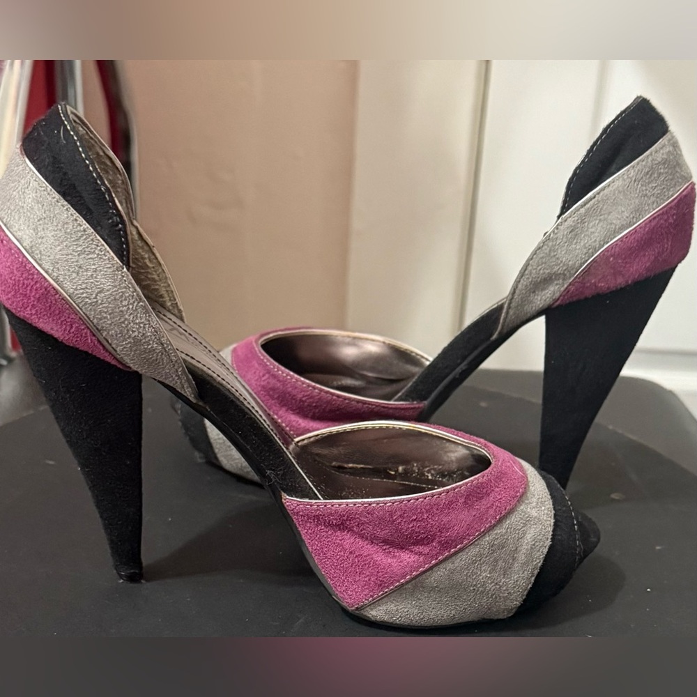 Anne Michelle Purple, Black and Gray Peep-Toe Heels